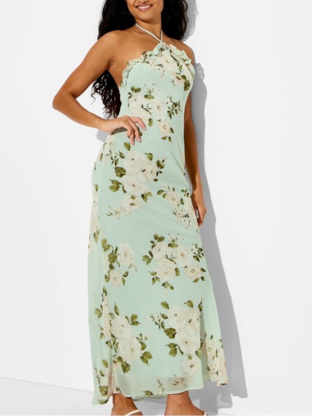 wild fable Mint Floral ruffle Halter Maxi empire waist Dress k
